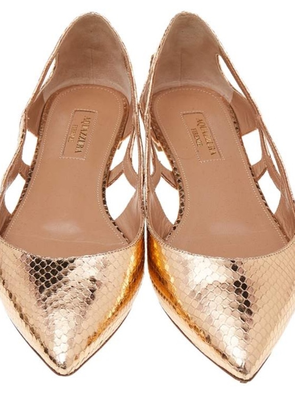 Aquazzura Metallic Gold Pointed Toe Cutout Slingback Flats